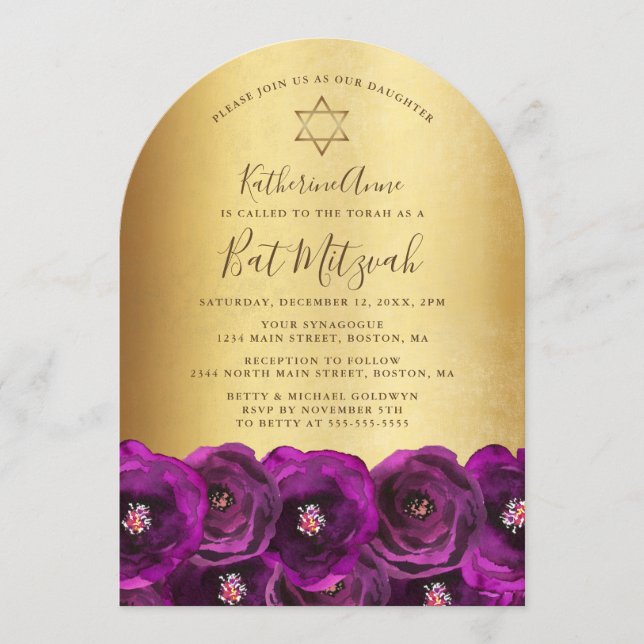Invitación Elegant Magenta Rose Floral Gold Bat Mitzvah (Anverso)