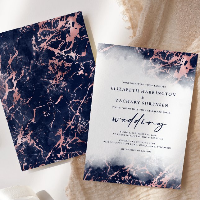 Invitación Elegant Marble Navy Blue Rose Gold Wedding (Subido por el creador)