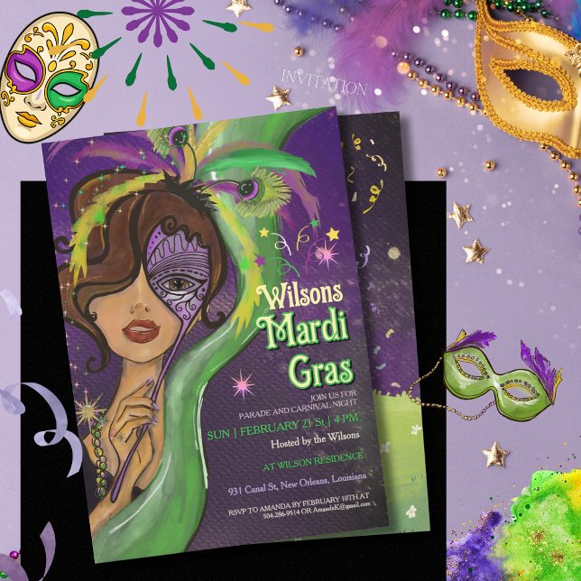 Invitación Elegant Mardi Gras Masquerade Hand-drawn Portrait (Elegant Mardi Gras Masquerade Hand-drawn Portrait Invitation (2))