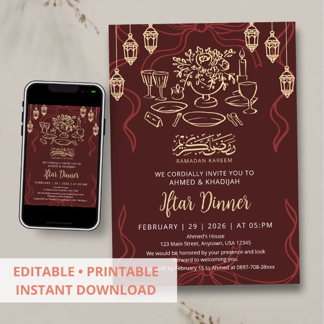 Invitación Elegant Maroon and Gold Ramadan Iftar Dinner (Subido por el creador)