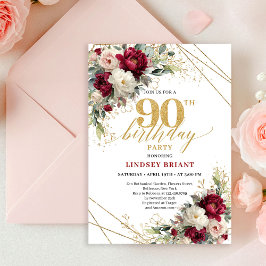 Invitación Elegant Maroon Gold Floral 90th Birthday Invite 