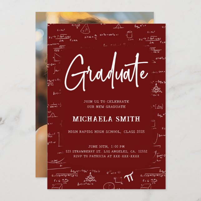 Invitación Elegant Maroon Graduate Math Photo Graduation (Anverso / Reverso)