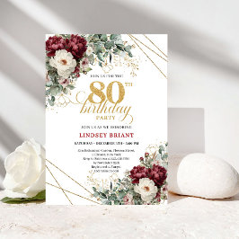 Invitación Elegant Marsala Floral Greenery 80th Birthday