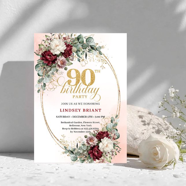 Invitación Elegant Marsala Peonies Eucalyptus 90th Birthday  (Elegant Marsala Peonies Eucalyptus 90th Birthday Invite)