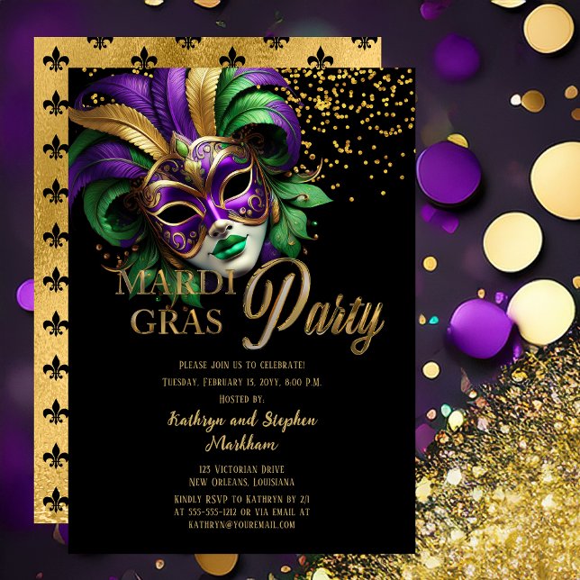 Invitación Elegant Masquerade Mask Mardi Gras Party (Elegant Purple, Green and Gold Tone Masquerade Mask Mardi Gras Party Invitation -- Print | Digital )