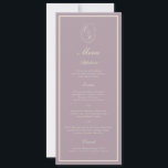 Invitación Elegant Mauve Monogram Wedding Long Menu<br><div class="desc">Elegant Mauve monogram wedding long menu card for a sophisticated Old Money wedding reception. This refined dusty mauve menu reflects timeless European estate aesthetics and classic luxury stationery style, perfect for a romantic traditional bride. Ideal for vineyard weddings, garden estates, and elegant fall receptions. Style with velvet linens, gold table...</div>