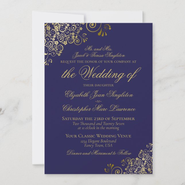 Invitación Elegant Midnight Navy Blue & Gold Formal Wedding (Anverso)