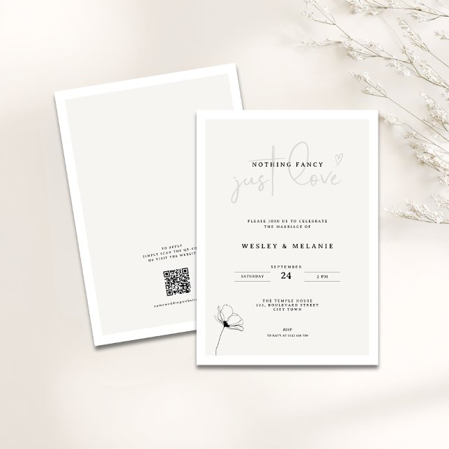Invitación Elegant Mimimal Flower Nothing Fancy Wedding (Nothing fancy just love minimalist wedding invitation with line art flower and qr-code)