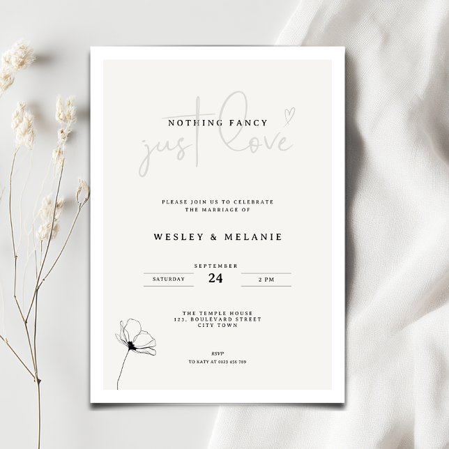 Invitación Elegant Mimimal Flower Nothing Fancy Wedding (Nothing fancy just love minimalist wedding invitation with line art flower)