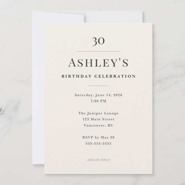 Invitación Elegant Minimal 30th Birthday Celebration (Anverso)