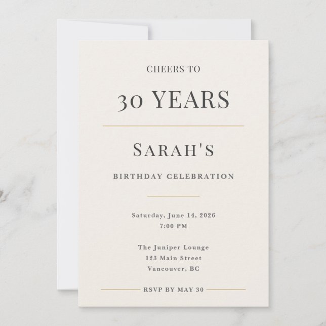 Invitación Elegant Minimal 30th Birthday Celebration (Anverso)
