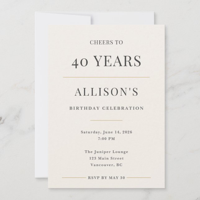 Invitación Elegant Minimal 40th Birthday Celebration (Anverso)