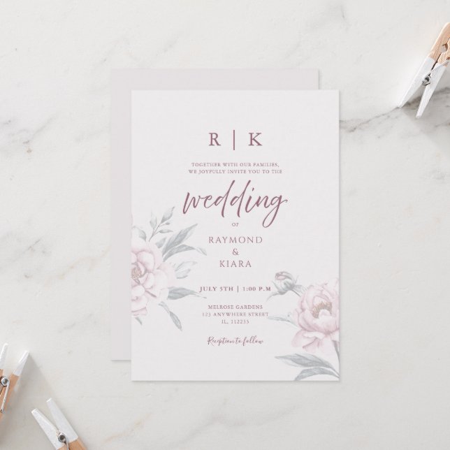 Invitación Elegant Minimal Dusky Pink Peony Floral Wedding  (Anverso/Reverso In Situ)