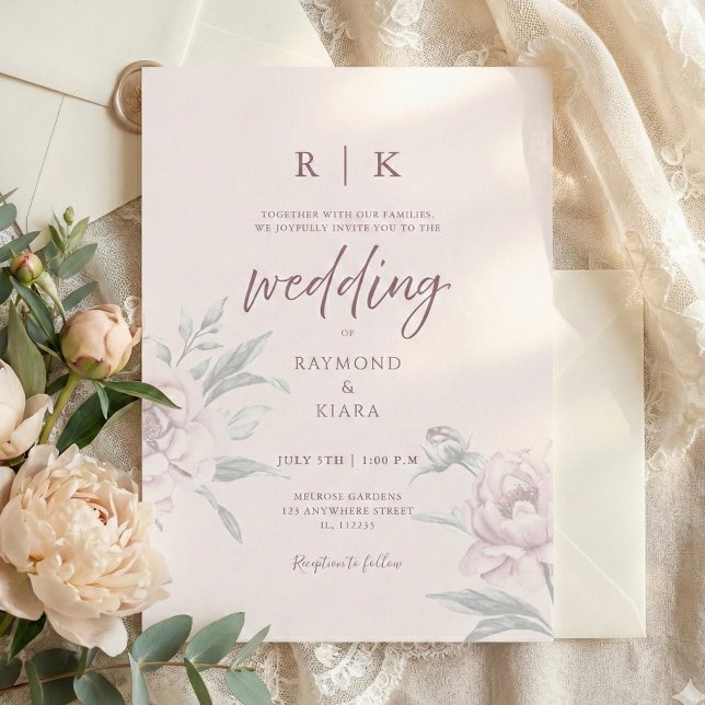 Invitación Elegant Minimal Dusky Pink Peony Floral Wedding  (pink peony personalized wedding invitation)
