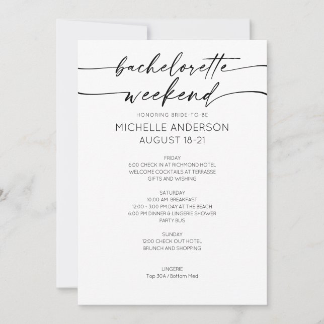Invitación Elegant Minimalist Bachelorette Weekend Itinerary (Anverso)