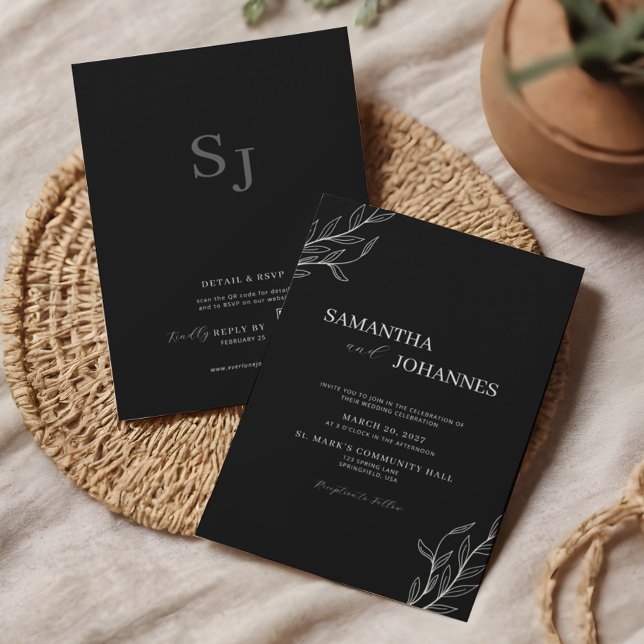 Invitación Elegant Minimalist Black Rustic Floral QR Wedding (Subido por el creador)