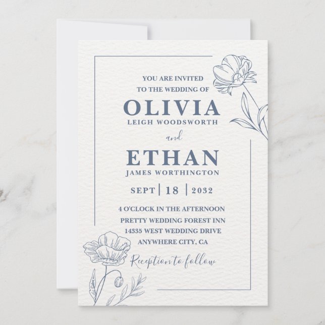 Invitación Elegant Minimalist Blue Floral Sketch Wedding  (Anverso)