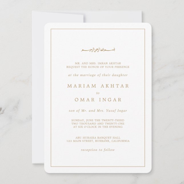 Invitación Elegant Minimalist Border Gold Islamic Wedding (Anverso)