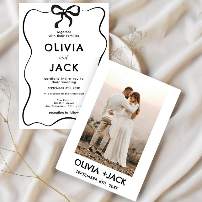 Invitación Elegant Minimalist Bow Hand Drawing Photo Wedding (Subido por el creador)
