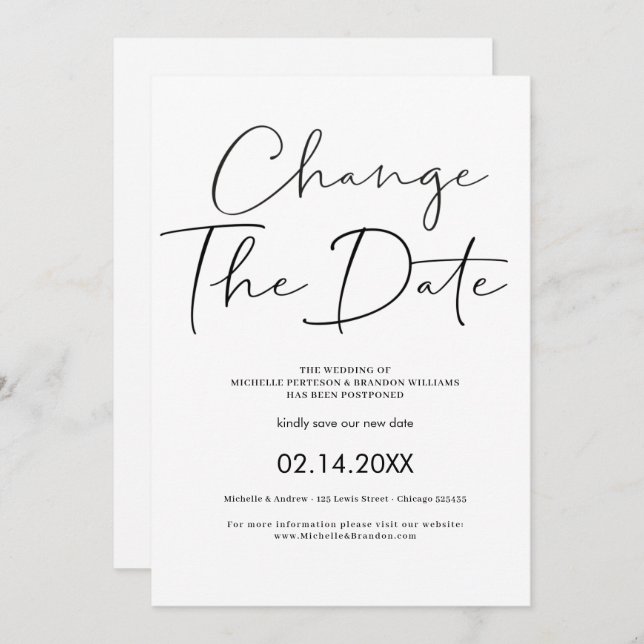 Invitación Elegant Minimalist Calligraphy Change The Date (Anverso / Reverso)