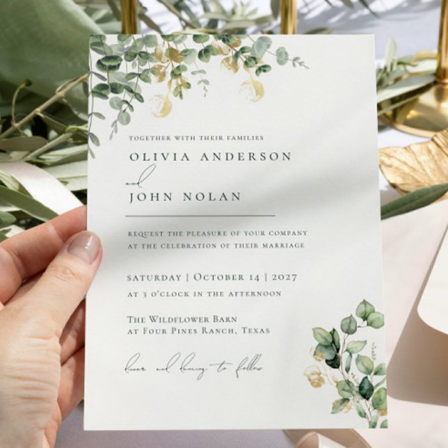 Invitación Elegant Minimalist Green Gold Eucalyptus Botanical (Subido por el creador)