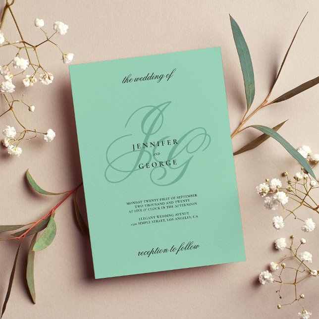 Invitación Elegant mint monogram initials romantic wedding (Elegant mint monogram initials romantic wedding)
