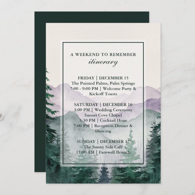 Invitación Elegant Misty Mountain Forest Itinerary Card (Anverso / Reverso)