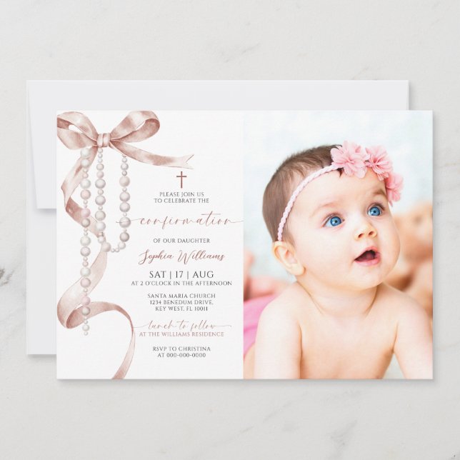 Invitación Elegant Mocha Bow & Rosary Photo Confirmation (Anverso)
