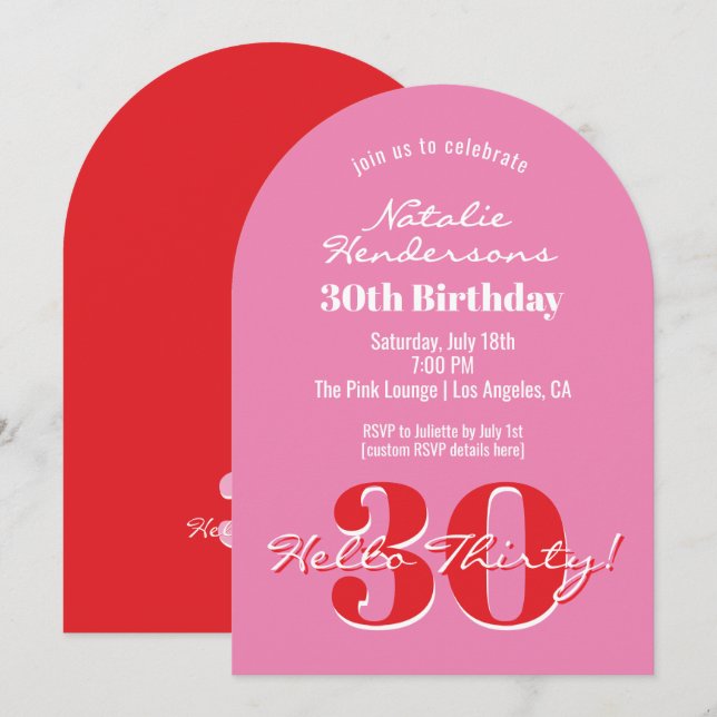 Invitación Elegant Modern 30th Birthday Pink Red Typography (Anverso / Reverso)