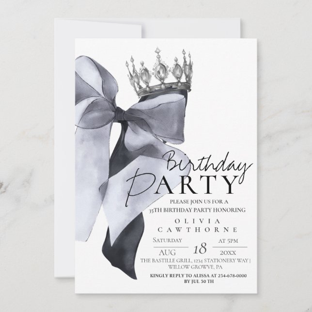 Invitación Elegant Modern Black Bow Birthday Party  (Anverso)