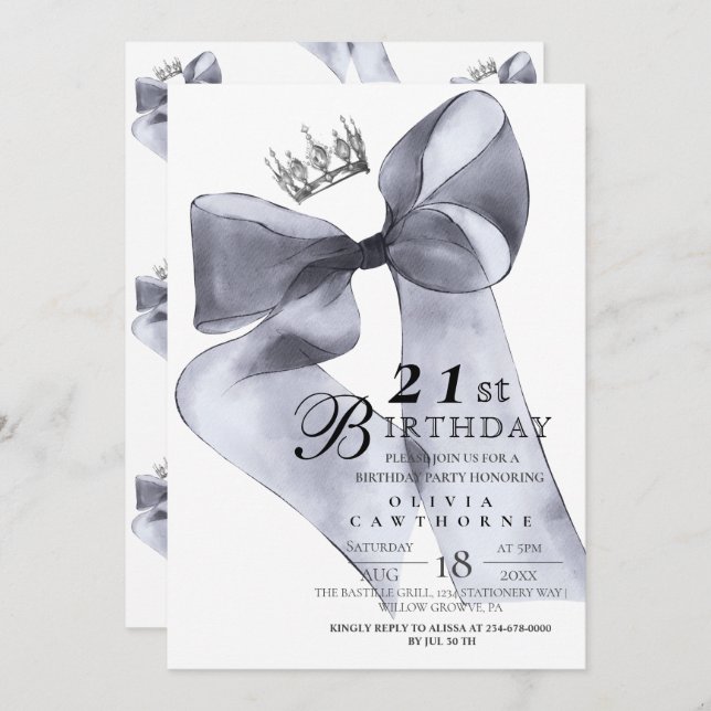 Invitación Elegant Modern Black Bow Birthday Party  (Anverso / Reverso)