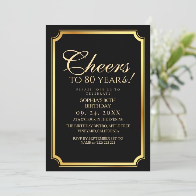 Invitación Elegant Modern Black Surprise 80th Birthday (Anverso de pie)