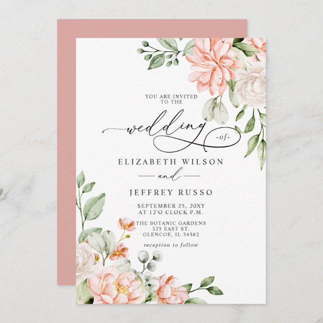 Invitación Elegant Modern Blush White Floral Wedding (Anverso / Reverso)
