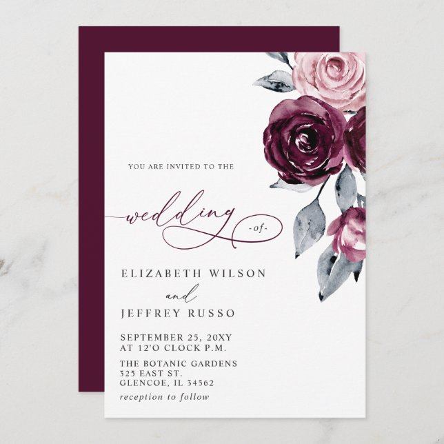 Invitación Elegant Modern Burgundy Floral Wedding (Anverso / Reverso)