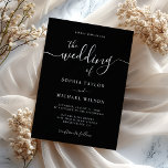 Invitación Elegant Modern Calligraphy Black & White Wedding<br><div class="desc">This sophisticated custom wedding invitation design exudes timeless elegance with its classic black and white aesthetic. Graceful script typography announces the joyous occasion, beautifully complemented by refined serif and clean sans-serif fonts for all essential celebration details. The striking monochromatic palette and balanced layout create a chic, minimalist appeal, perfect for...</div>