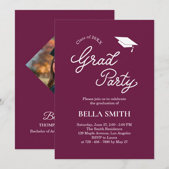 Invitación Elegant Modern Calligraphy Photo Graduation Party (Anverso / Reverso)