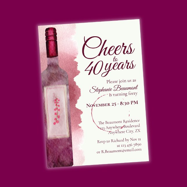 Invitación Elegant Modern Cheers Red Wine 40th Birthday Party (Subido por el creador)