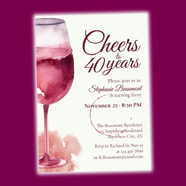 Invitación Elegant Modern Cheers Red Wine 40th Birthday Party (Subido por el creador)