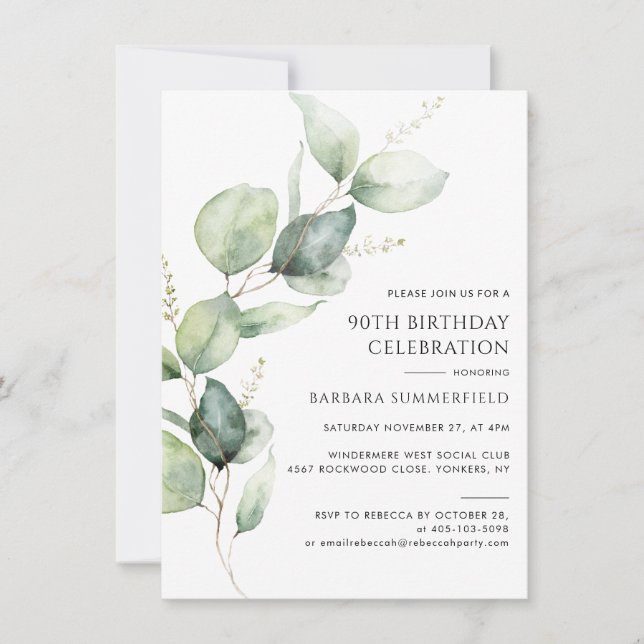 Invitación Elegant Modern Eucalyptus 90th Birthday (Anverso)