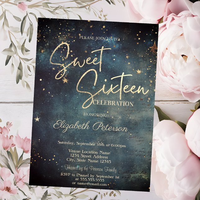 Invitación Elegant Modern Galaxy Stars Blue Sweet 16 (Subido por el creador)