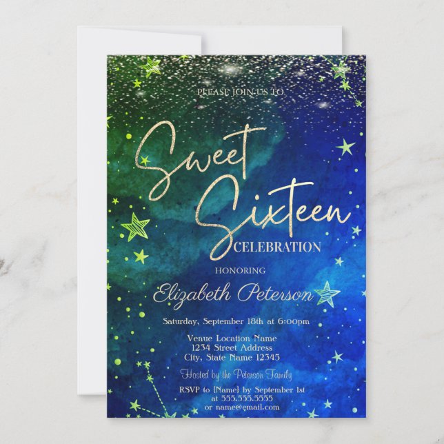Invitación Elegant Modern Gold Stars Blue Green Sweet 16 (Anverso)