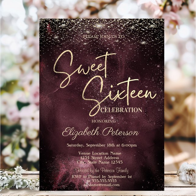 Invitación Elegant Modern Gold Stars Burgundy Sweet 16 (Subido por el creador)