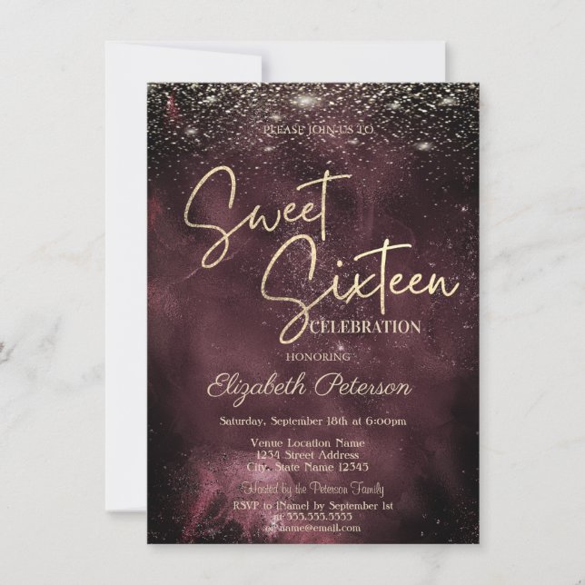 Invitación Elegant Modern Gold Stars Burgundy Sweet 16 (Anverso)