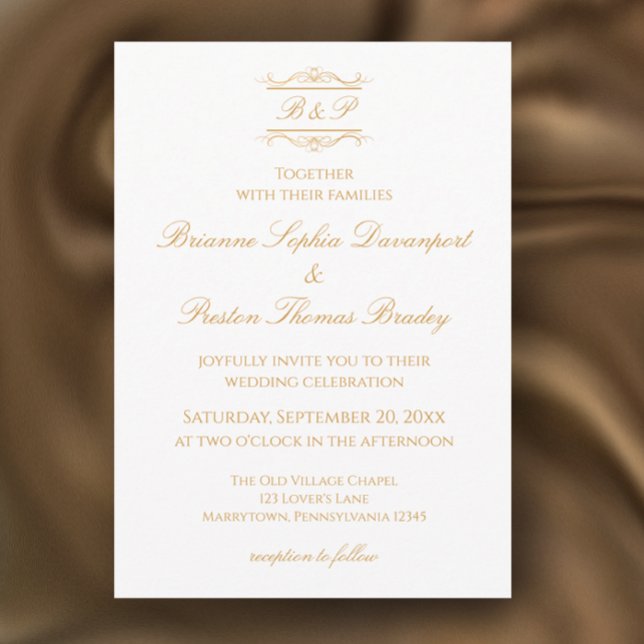 Invitación Elegant Modern Gold & White Monogram Wedding (Customize this unique golden monogram wedding invitation template. Elegant, simple gold & white.
)