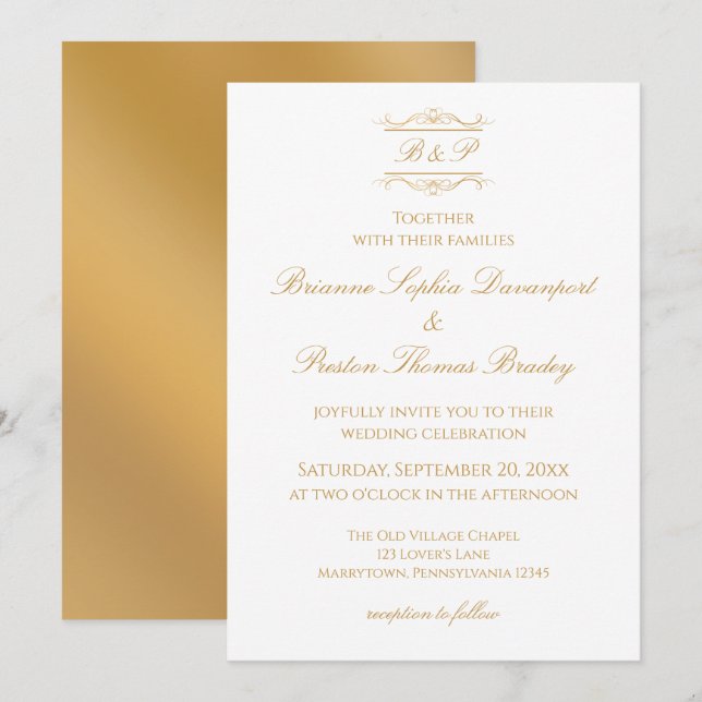 Invitación Elegant Modern Gold & White Monogram Wedding (Anverso / Reverso)