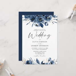 Invitación Elegant Modern Navy Blue and Silver Floral Wedding
