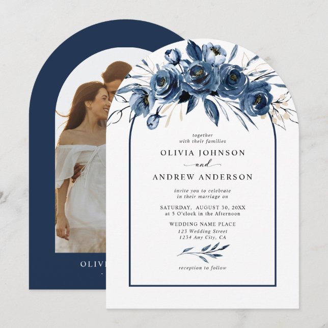 Invitación Elegant Modern Navy Blue Floral Arch Photo Wedding (Anverso / Reverso)