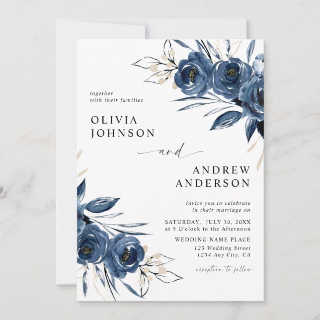 Invitación Elegant Modern Navy Blue Floral Wedding (Anverso)
