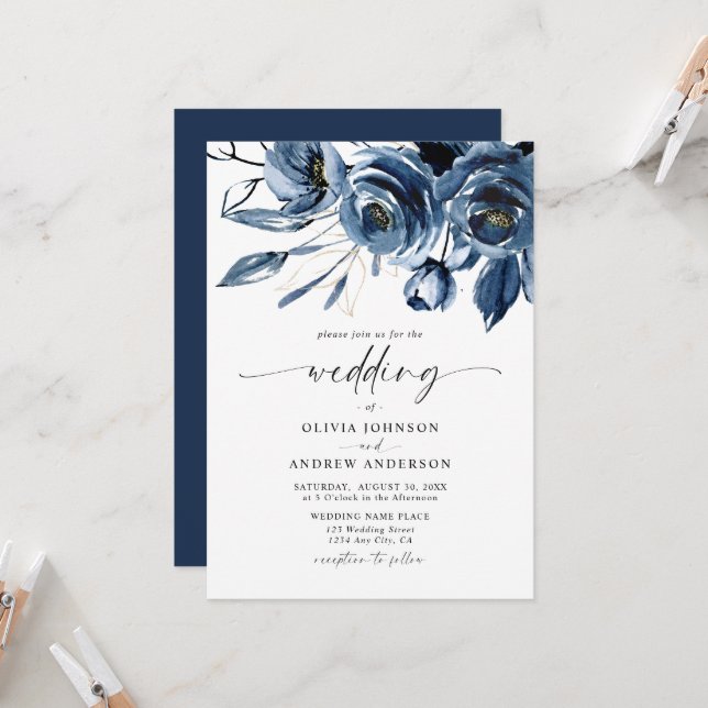 Invitación Elegant Modern Navy Blue Flowers & Script Wedding (Anverso/Reverso In Situ)