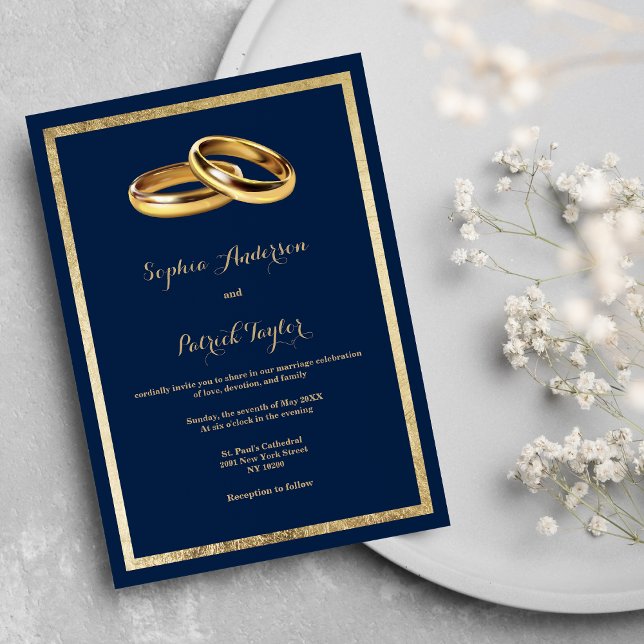 Invitación Elegant modern navy blue gold rings Wedding (Elegant modern navy blue gold rings Wedding)
